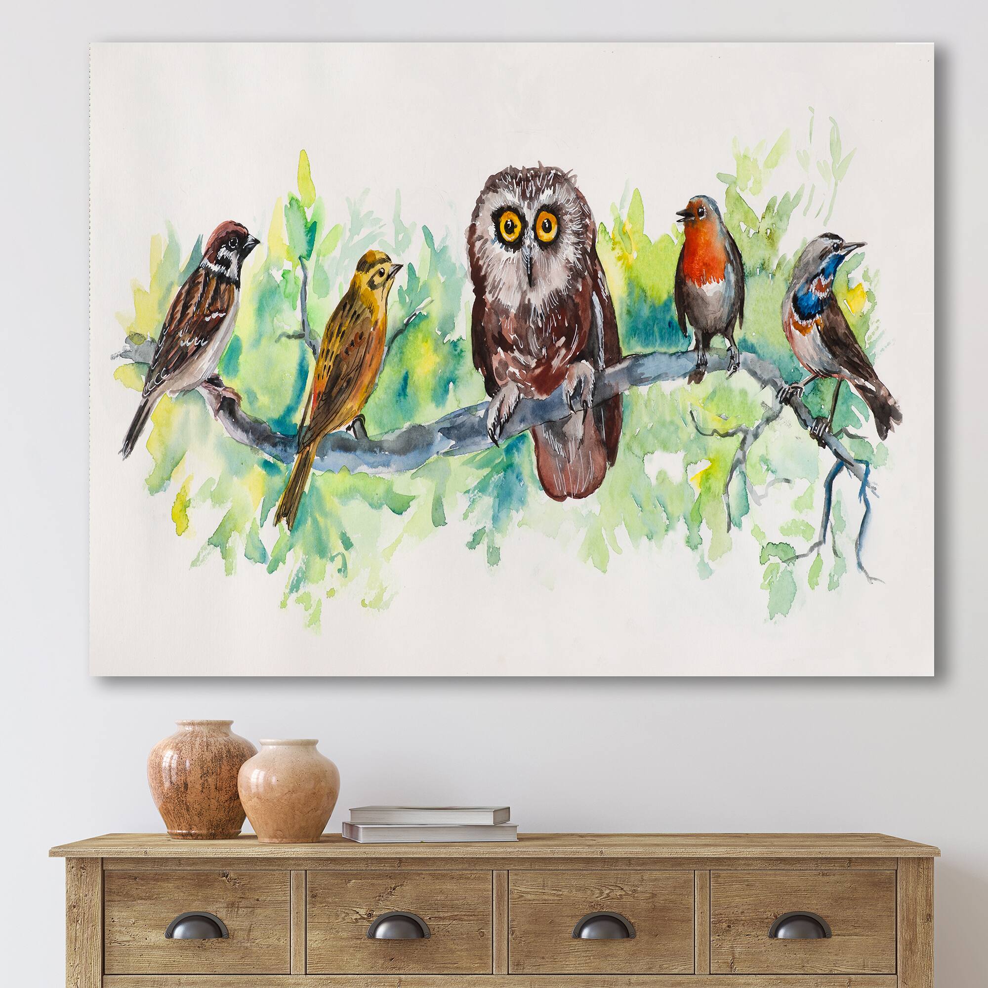 Designart - Owl On A Branch With Bird Friends